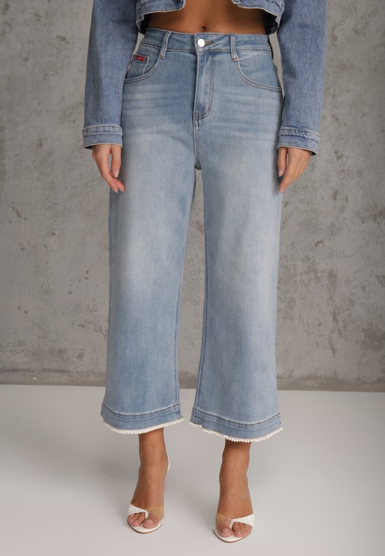 Niebieskie Szerokie Jeansy Culottes z Bawełną High Waist Ozdobione Perełkami Hesaris