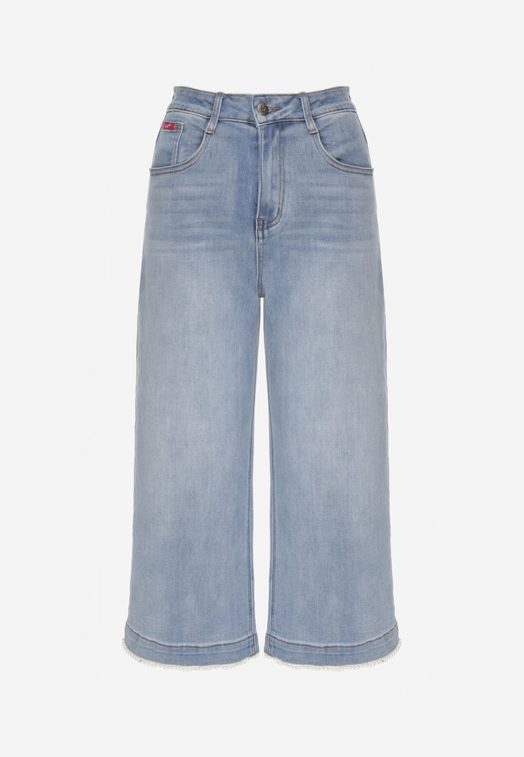 Niebieskie Szerokie Jeansy Culottes z Bawełną High Waist Ozdobione Perełkami Hesaris