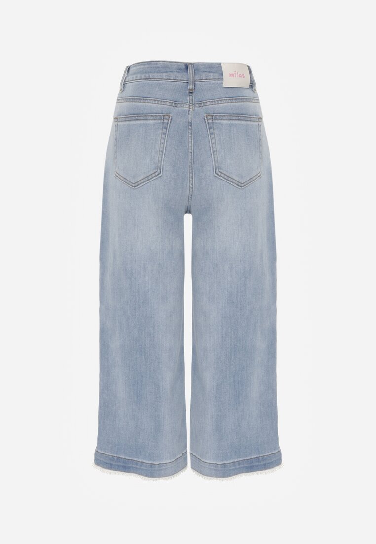 Niebieskie Szerokie Jeansy Culottes z Bawełną High Waist Ozdobione Perełkami Hesaris