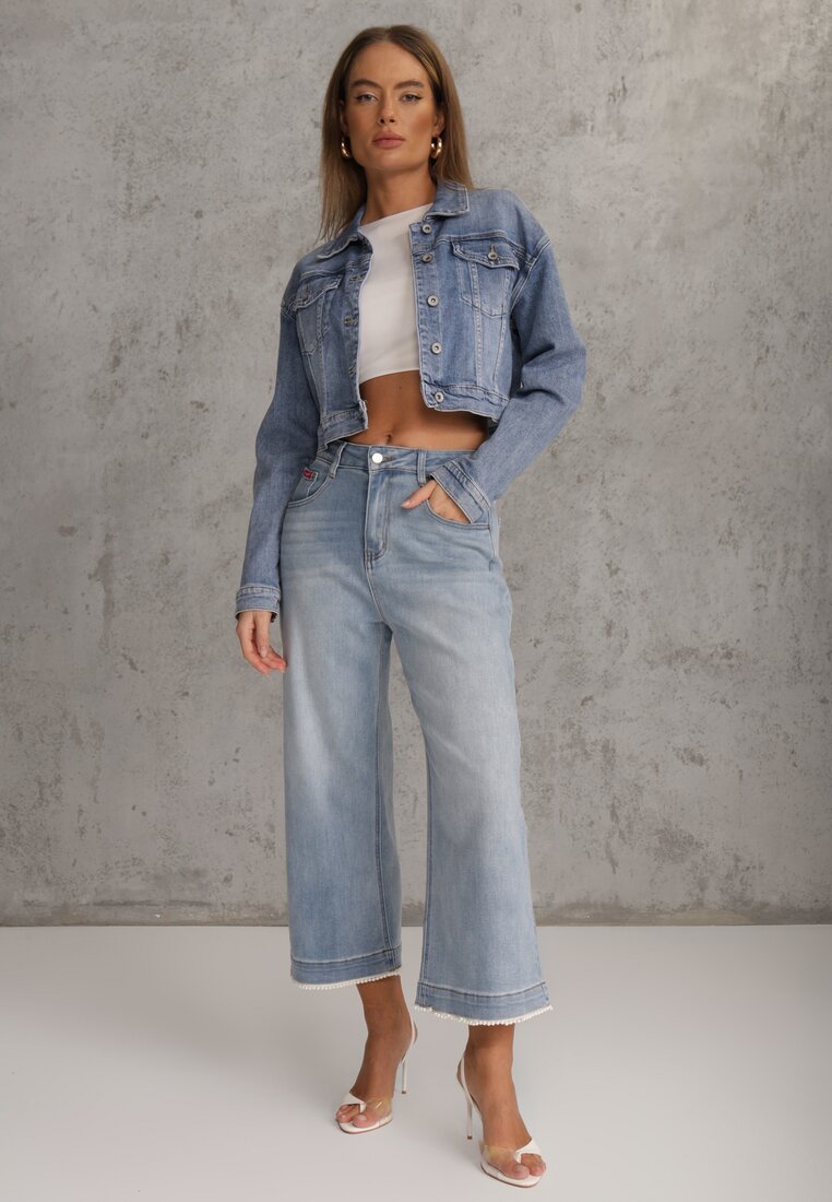 Niebieskie Szerokie Jeansy Culottes z Bawełną High Waist Ozdobione Perełkami Hesaris