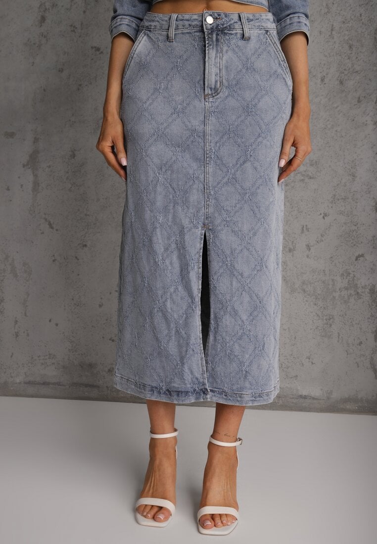 Niebieska Jeansowa Spódnica z Bawełny Zdobiona Printem w Romby i Rozcięciem Chrissna