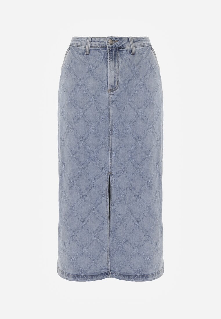 Niebieska Jeansowa Spódnica z Bawełny Zdobiona Printem w Romby i Rozcięciem Chrissna