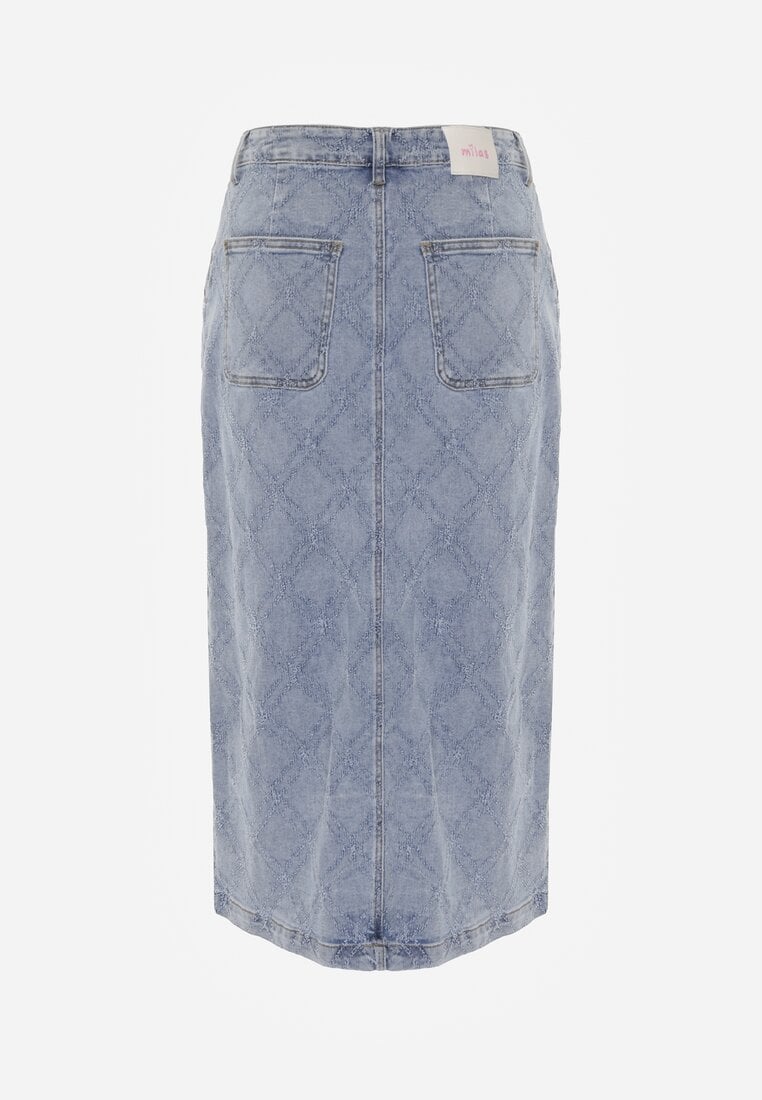 Niebieska Jeansowa Spódnica z Bawełny Zdobiona Printem w Romby i Rozcięciem Chrissna