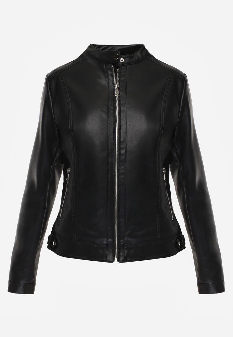 Czarna Taliowana Kurtka Ramoneska z Suwakami przy Mankietach Vivalea