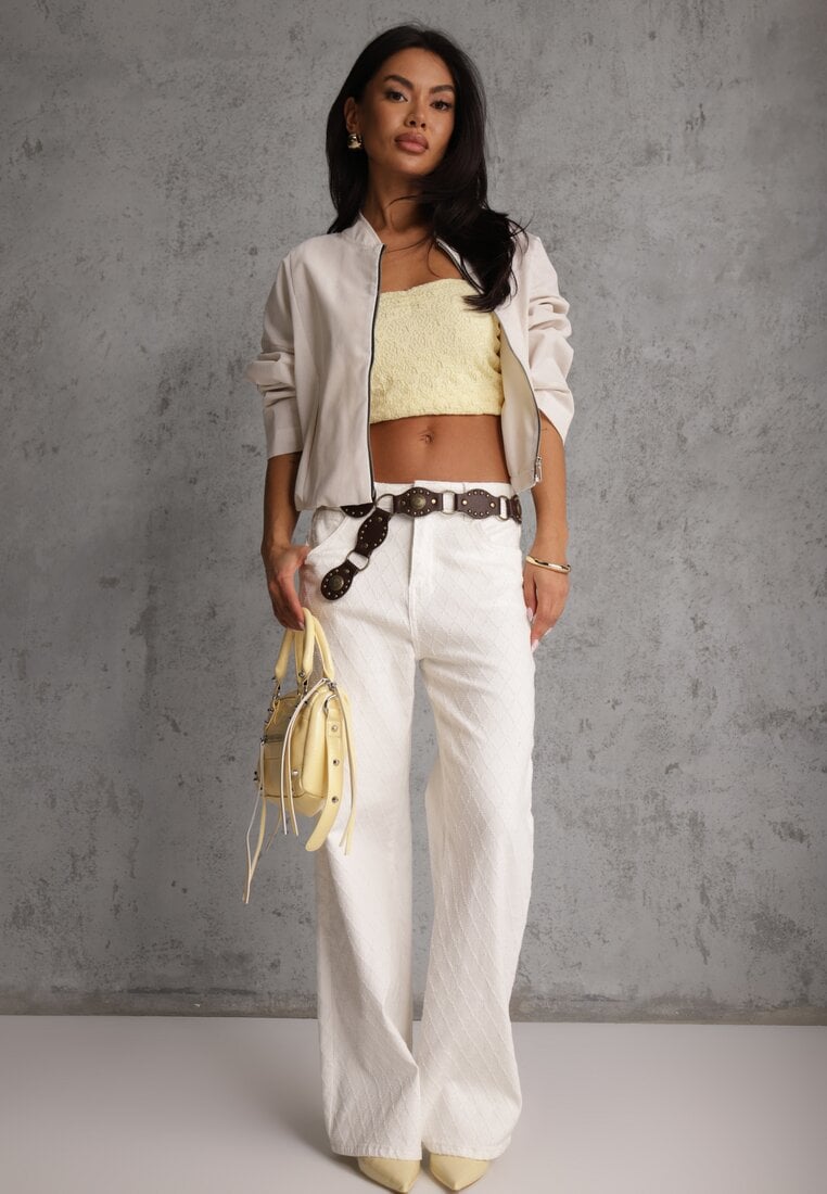 Białe Jeansy High Waist Wide Leg z Bawełną z Ozdobnymi Przeszyciami w Romby Hetana