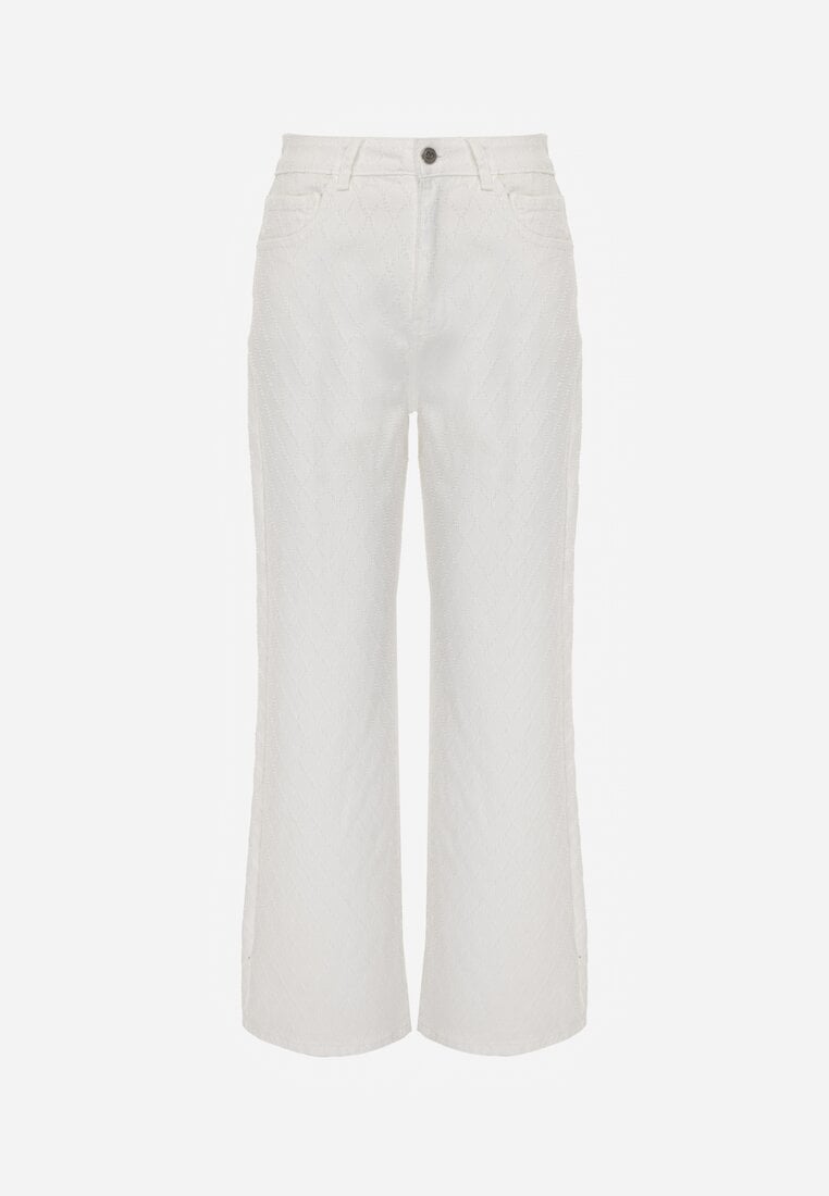 Białe Jeansy High Waist Wide Leg z Bawełną z Ozdobnymi Przeszyciami w Romby Hetana