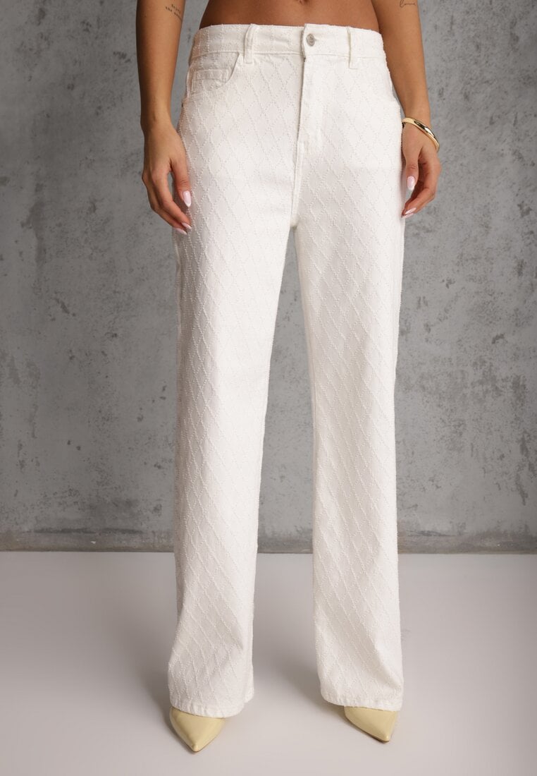 Białe Jeansy High Waist Wide Leg z Bawełną z Ozdobnymi Przeszyciami w Romby Hetana