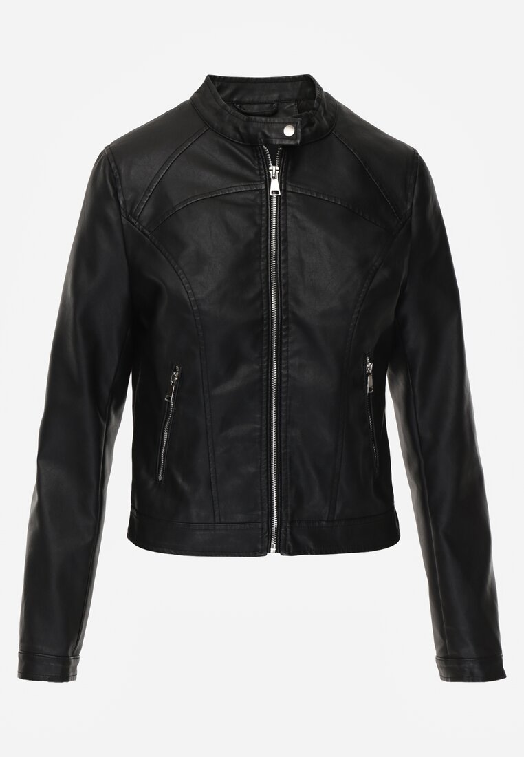 Czarna Taliowana Kurtka Ramoneska o Klasycznym Fasonie Tessana