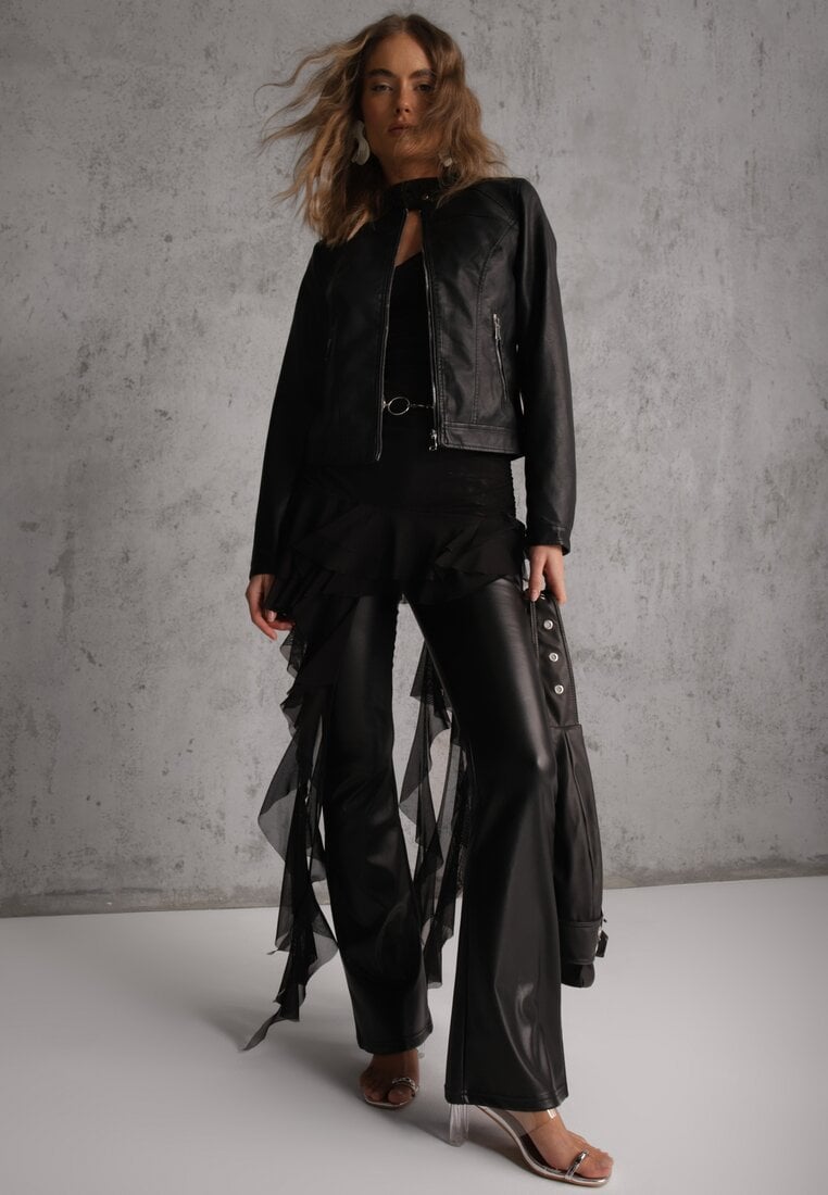 Czarna Taliowana Kurtka Ramoneska o Klasycznym Fasonie Tessana