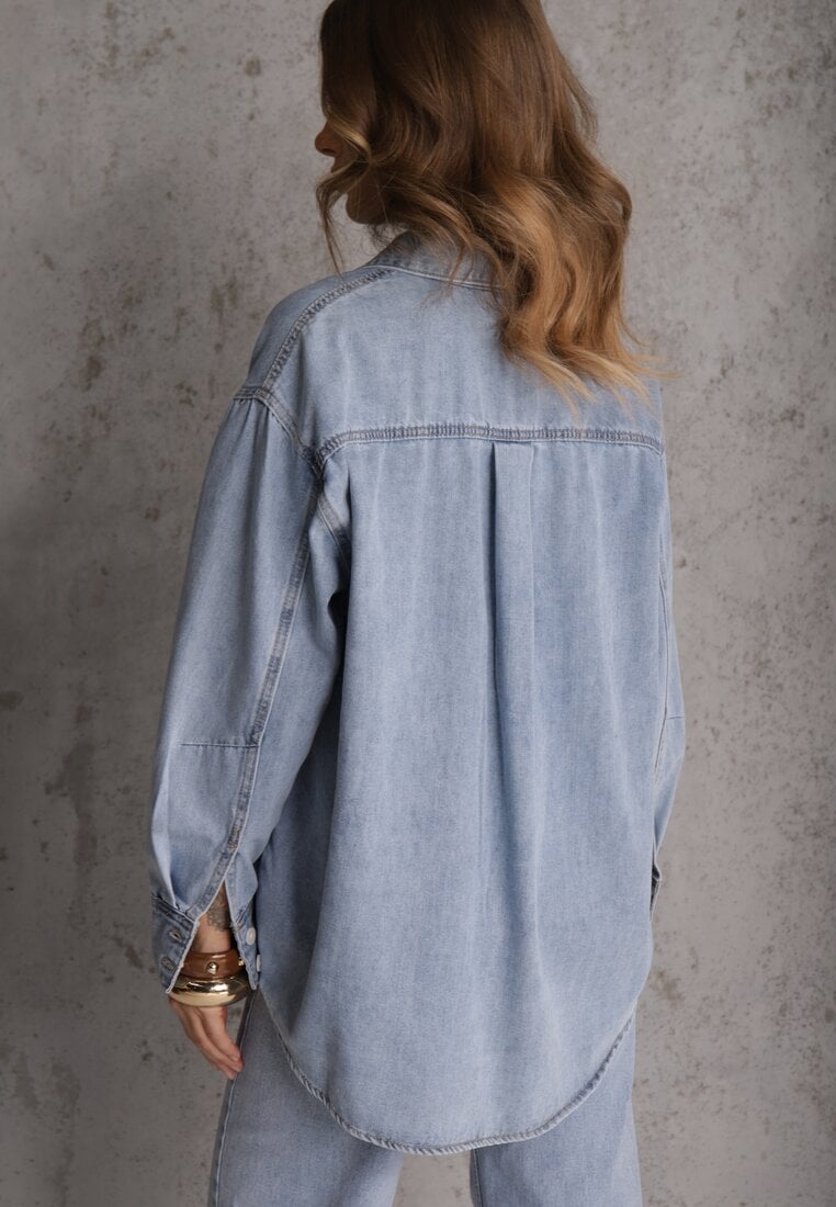 Niebieska Jeansowa Koszula z Bawełną z Przeszyciami Nekki