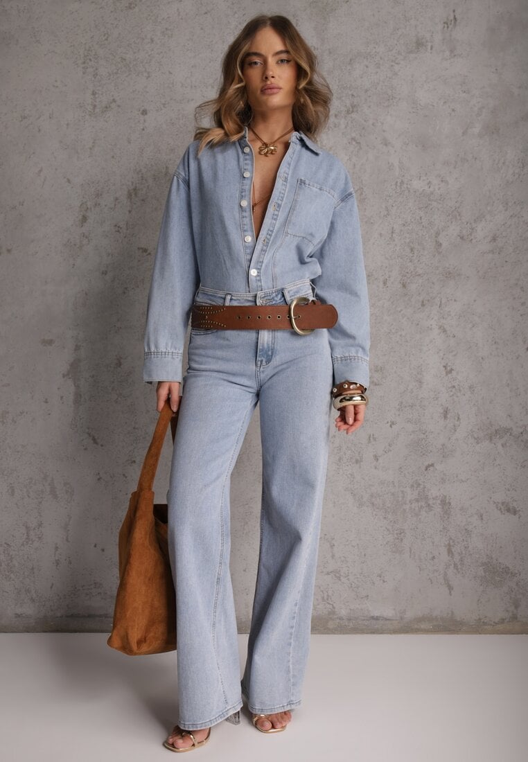 Niebieska Jeansowa Koszula z Bawełną z Przeszyciami Nekki