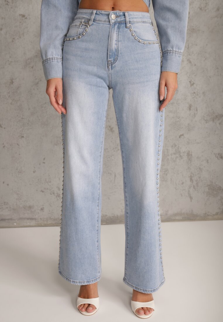 Niebieskie Szerokie Jeansy Ozdobione Nitami High Waist z Bawełną Typhele