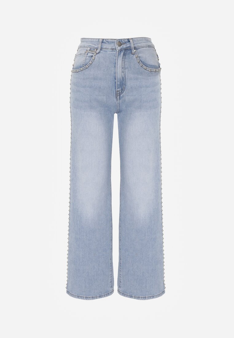 Niebieskie Szerokie Jeansy Ozdobione Nitami High Waist z Bawełną Typhele