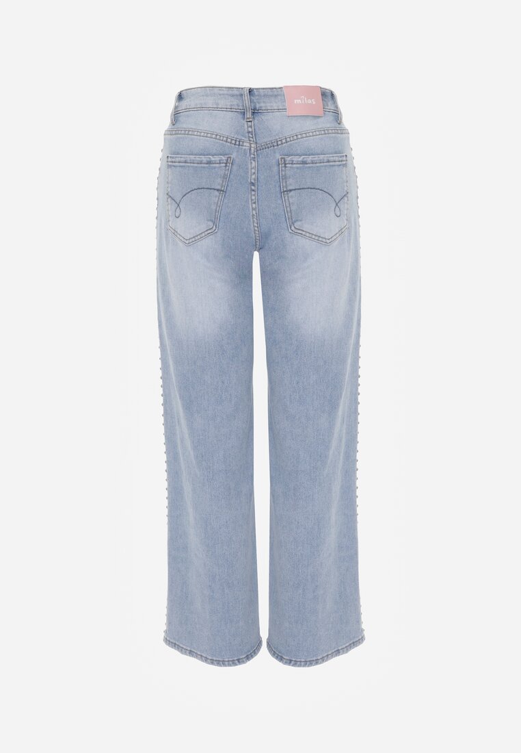 Niebieskie Szerokie Jeansy Ozdobione Nitami High Waist z Bawełną Typhele