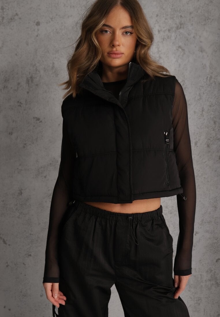 Czarna Pikowana Kamizelka Puffer o Kroju Crop Tadrel