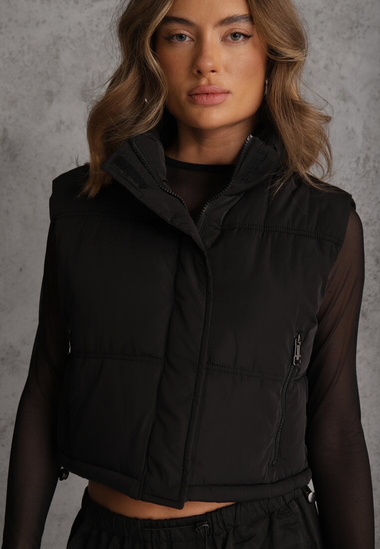 Czarna Pikowana Kamizelka Puffer o Kroju Crop Tadrel