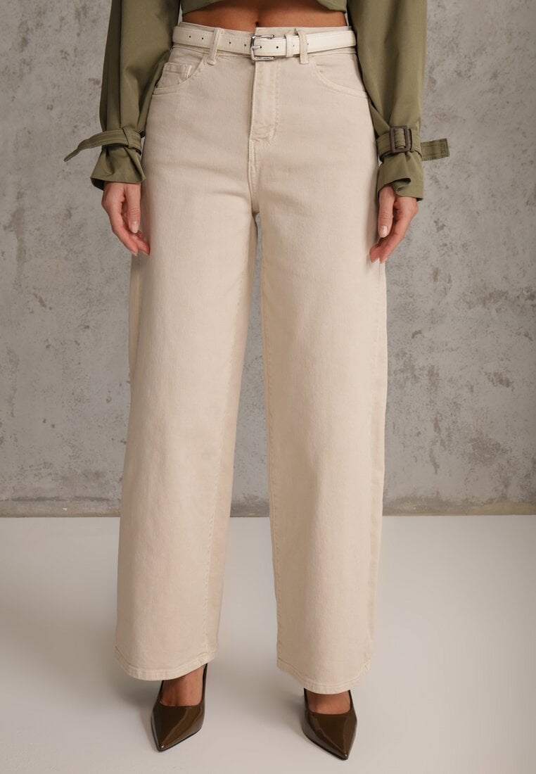 Beżowe Szerokie Jeansy Bawełniane High Waist Fyrlyss