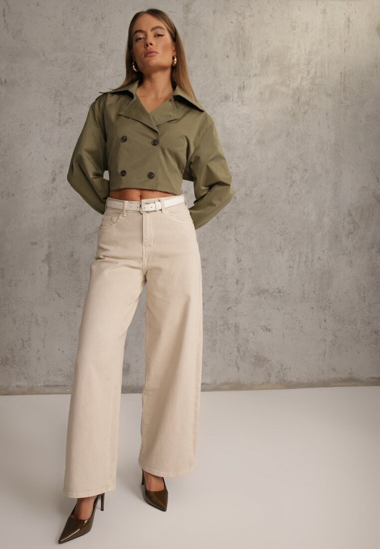 Beżowe Szerokie Jeansy Bawełniane High Waist Fyrlyss