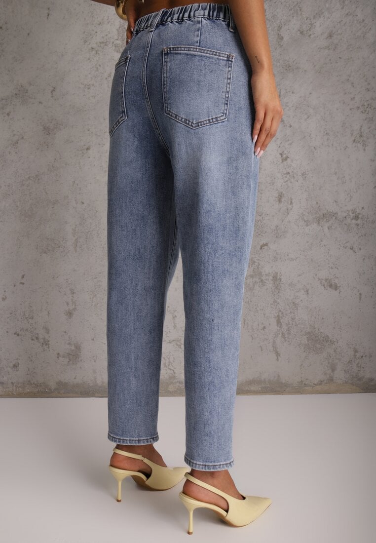 Niebieskie Jeansy Mom Fit z Bawełną High Waist Agarehe