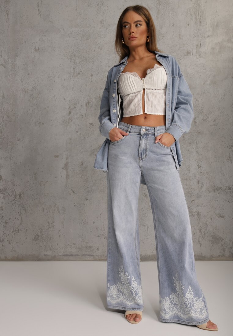 Niebieskie Jeansy Szerokie w Styku Boho z Ozdobnym Nadrukiem na Nogawkach Endippe