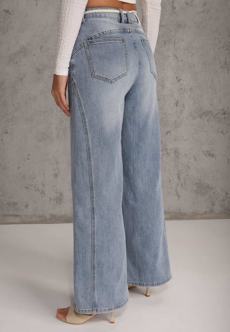 Niebieskie Szerokie Jeansy z Bawełną High Waist z Paskiem Typu Sznurek Caninna