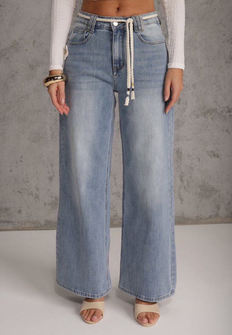 Niebieskie Szerokie Jeansy z Bawełną High Waist z Paskiem Typu Sznurek Caninna