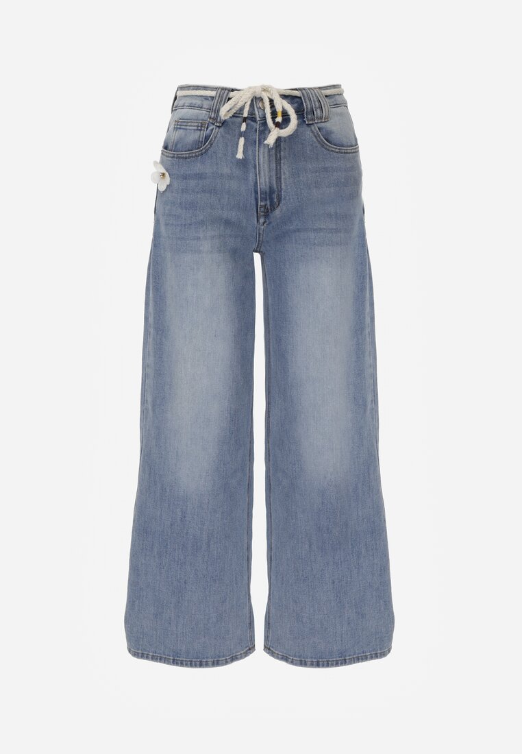 Niebieskie Szerokie Jeansy z Bawełną High Waist z Paskiem Typu Sznurek Caninna