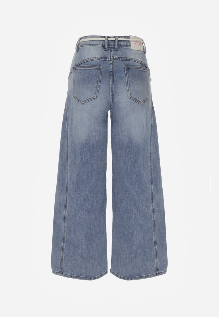 Niebieskie Szerokie Jeansy z Bawełną High Waist z Paskiem Typu Sznurek Caninna