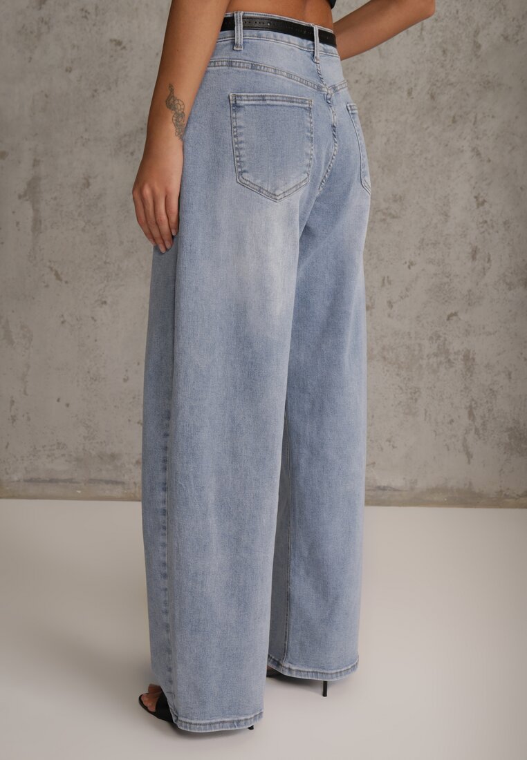 Niebieskie Jeansy Balloon z Bawełną High Waist Pronadina