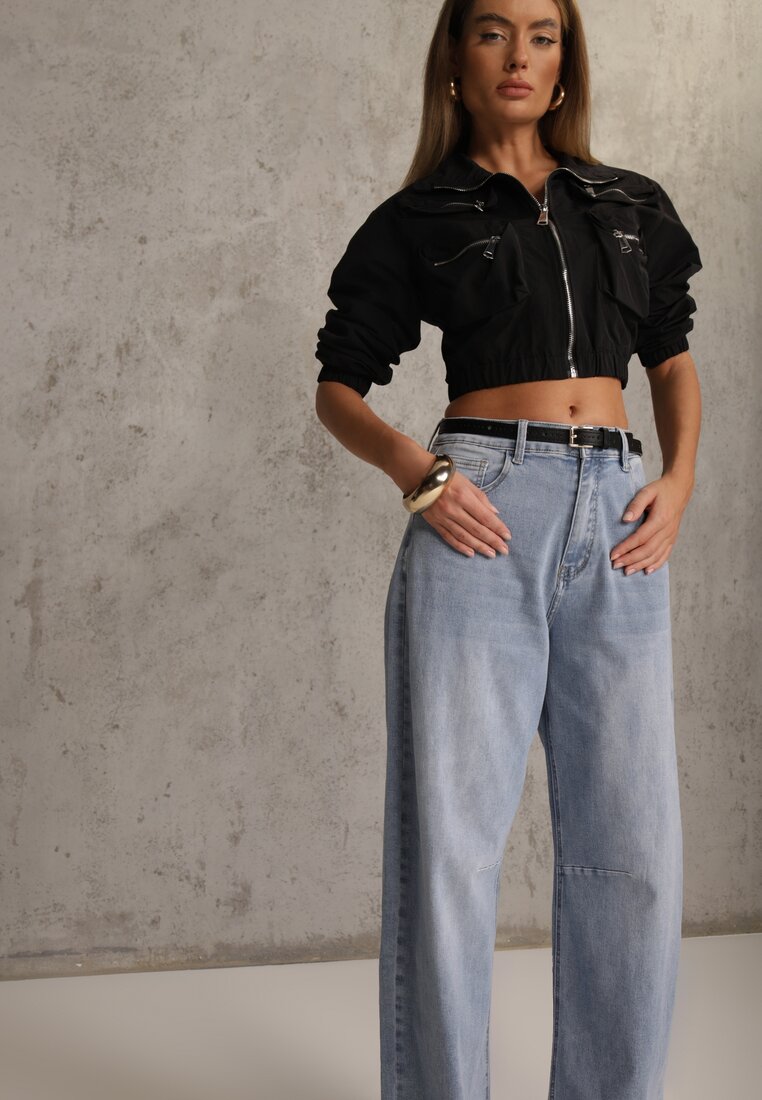 Niebieskie Jeansy Balloon z Bawełną High Waist Pronadina