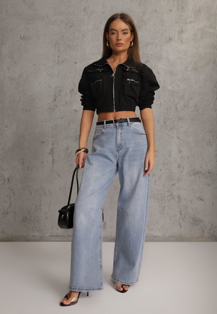 Niebieskie Jeansy Balloon z Bawełną High Waist Pronadina