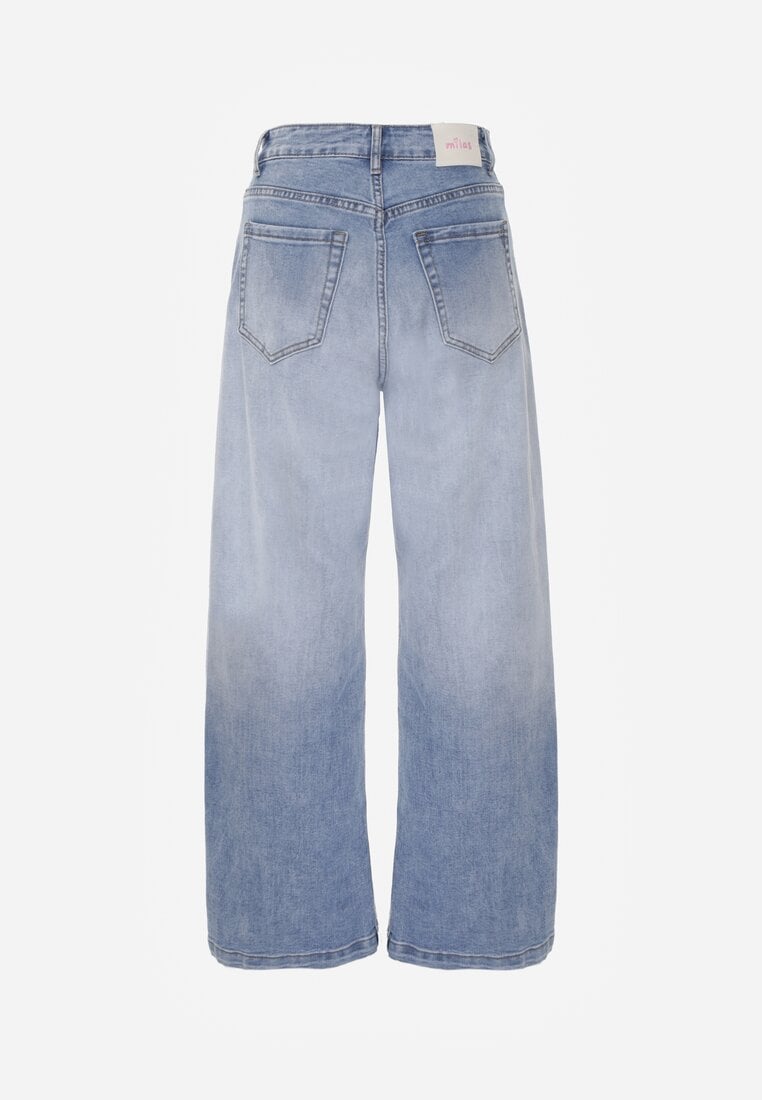 Niebieskie Jeansy Szerokie z Wytarciami High Waist Calale