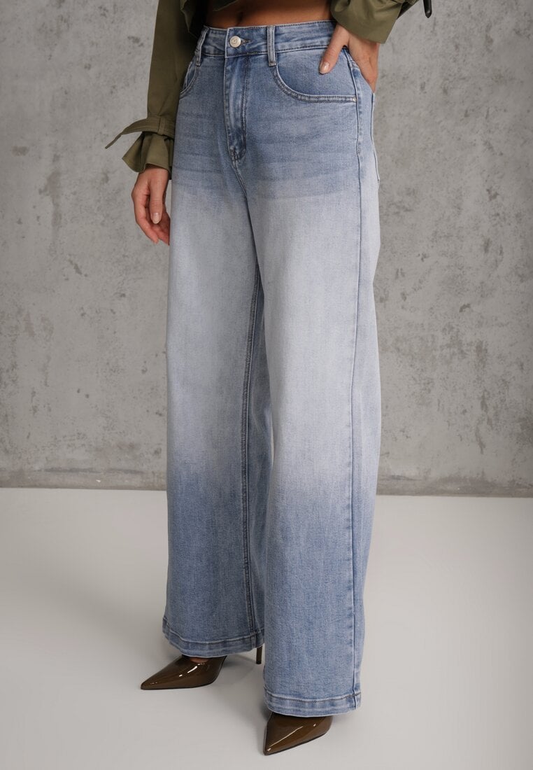 Niebieskie Jeansy Szerokie z Wytarciami High Waist Calale