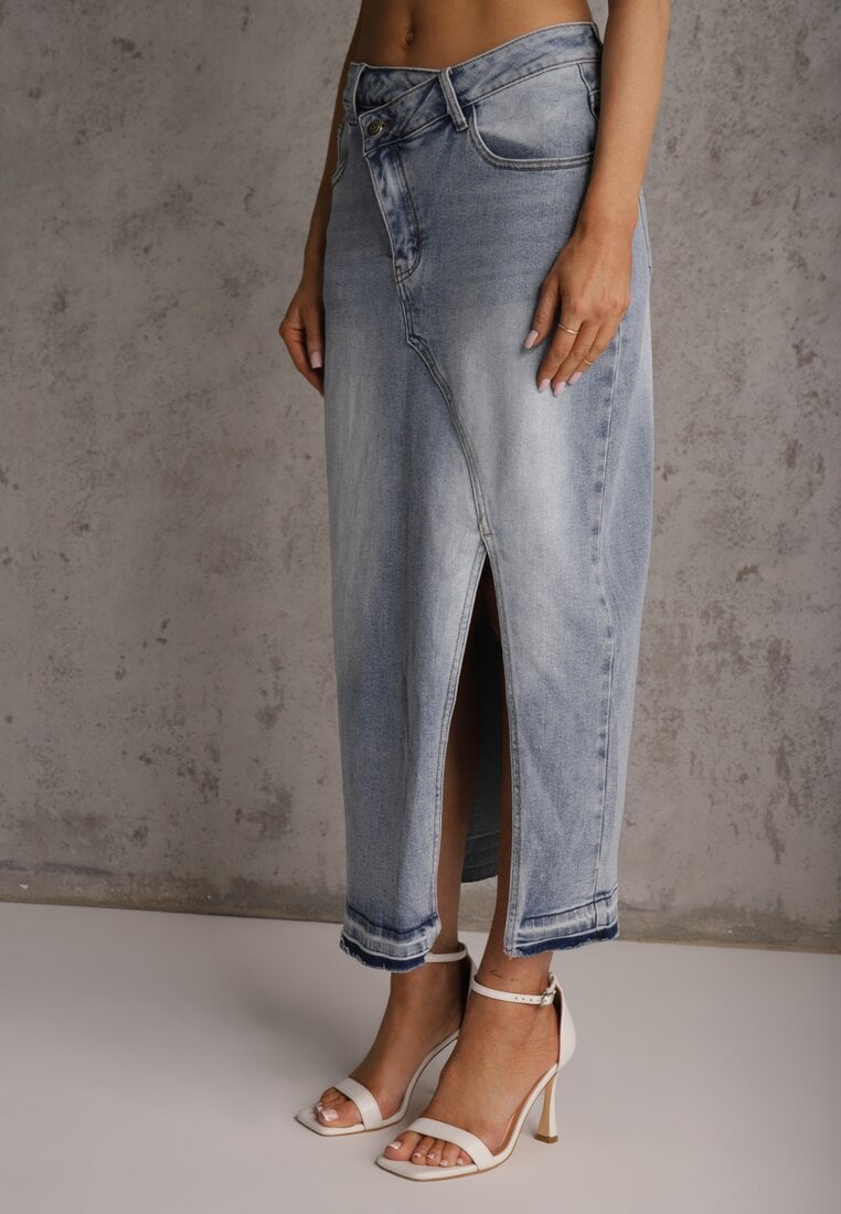 Niebieska Spódnica z Jeansu z Bawełną High Waist o Asymetrycznym Kroju Vikisla