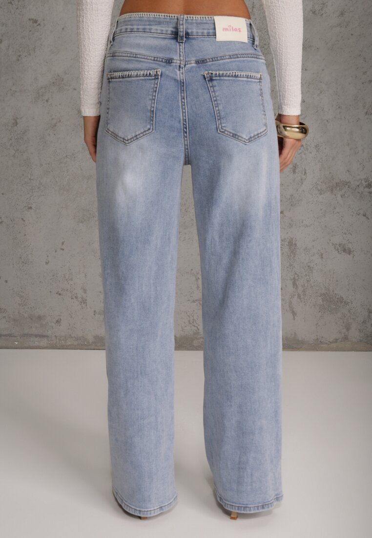 Niebieskie Szerokie Jeansy High Waist z Przeszyciami Tryphile