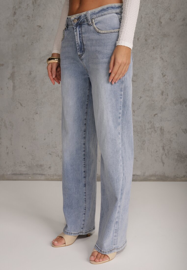 Niebieskie Szerokie Jeansy High Waist z Przeszyciami Tryphile
