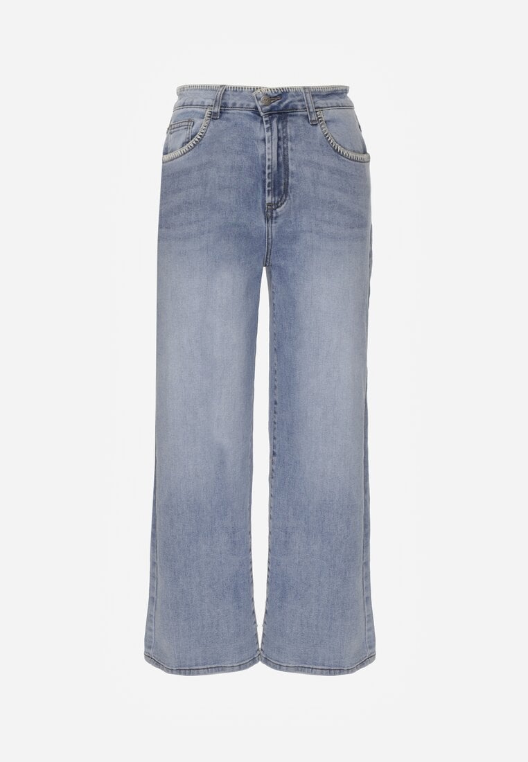 Niebieskie Szerokie Jeansy High Waist z Przeszyciami Tryphile