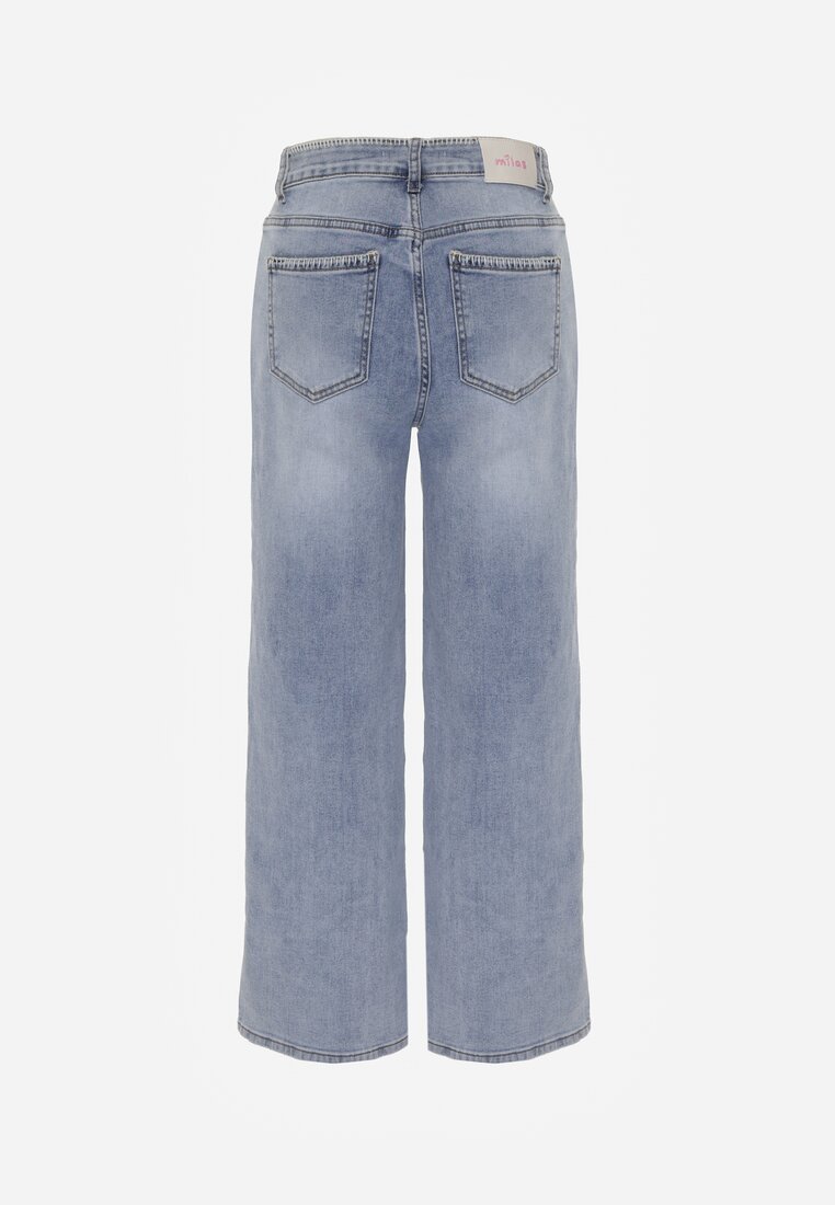 Niebieskie Szerokie Jeansy High Waist z Przeszyciami Tryphile