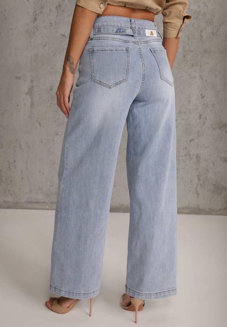 Niebieskie Jeansy Wide Leg High Waist z Bawełną z Denimowym Paskiem Evanna