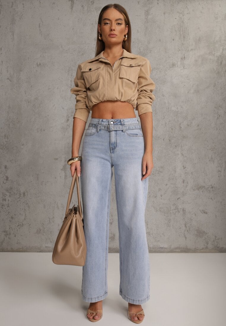 Niebieskie Jeansy Wide Leg High Waist z Bawełną z Denimowym Paskiem Evanna