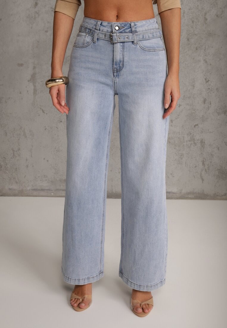 Niebieskie Jeansy Wide Leg High Waist z Bawełną z Denimowym Paskiem Evanna