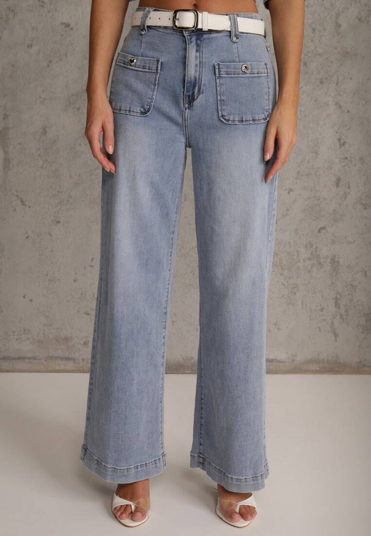 Niebieskie Szerokie Jeansy High Waist z Kieszonkami Thellona