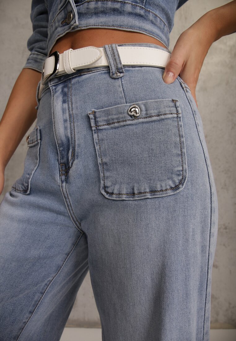 Niebieskie Szerokie Jeansy High Waist z Kieszonkami Thellona