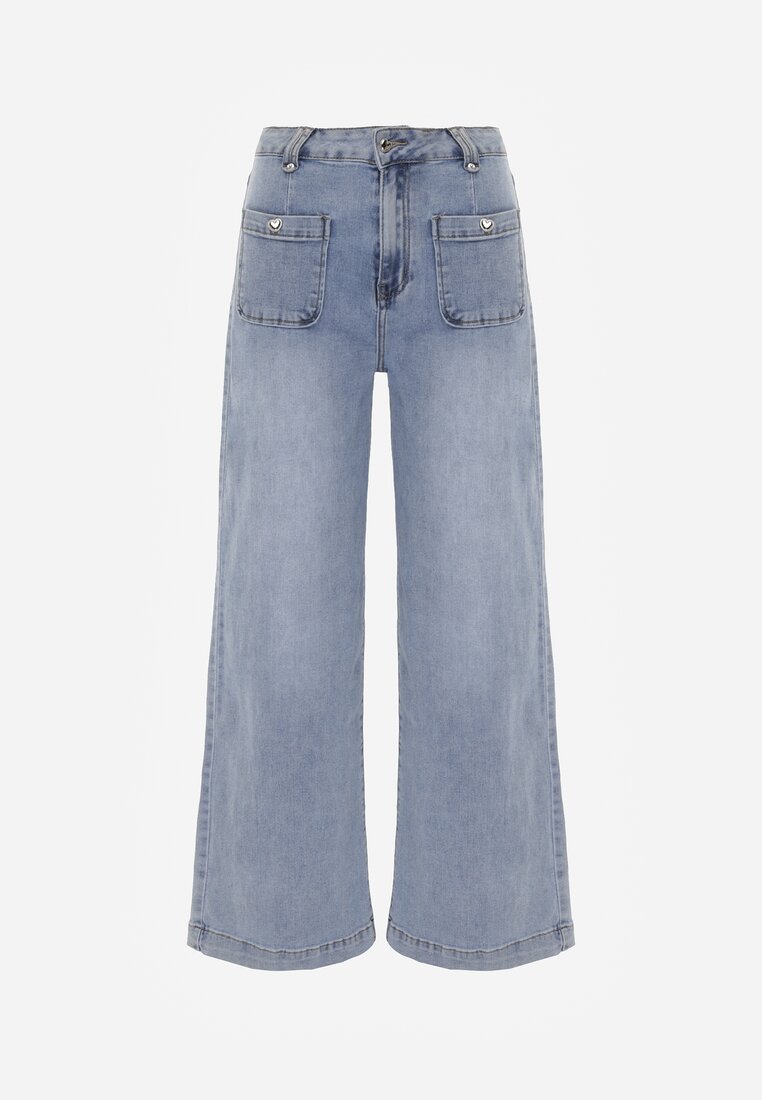Niebieskie Szerokie Jeansy High Waist z Kieszonkami Thellona