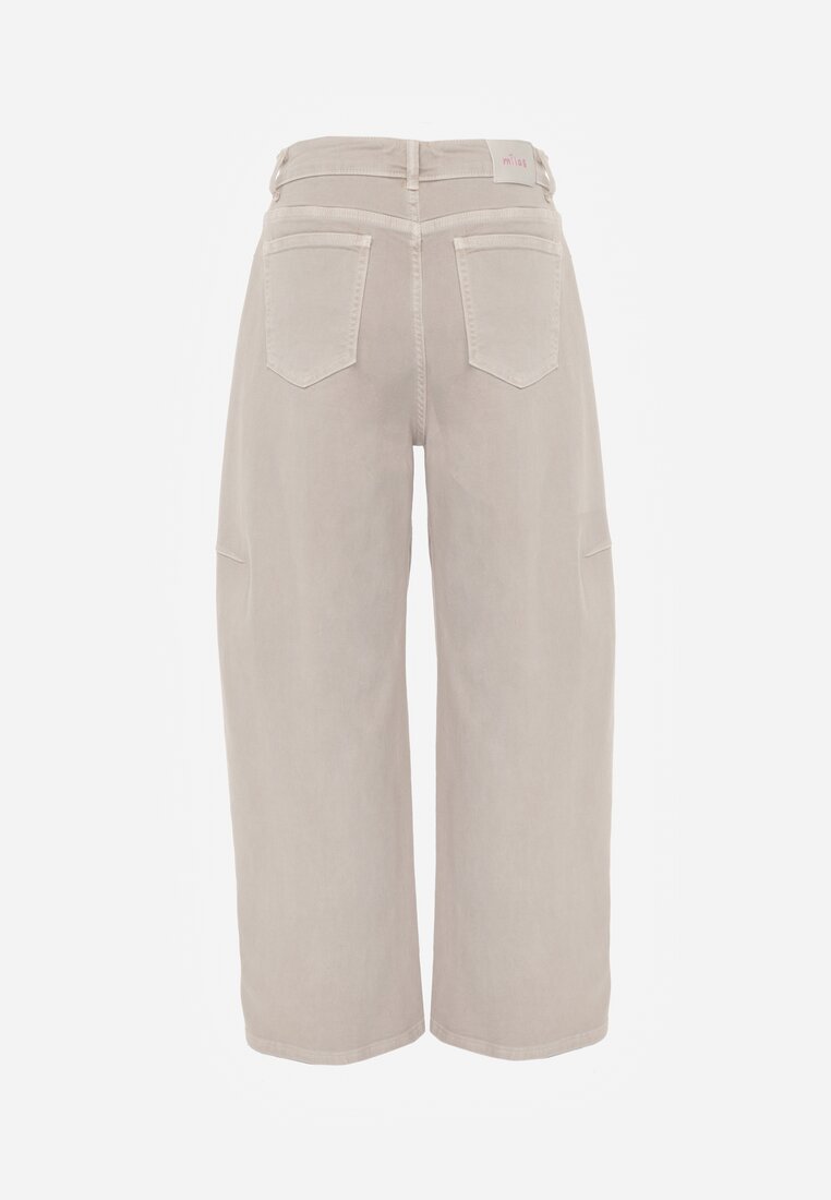 Beżowe Jeansy z Bawełny Typu Balloon High Waist Ozdobione Przeszyciami Eunaris