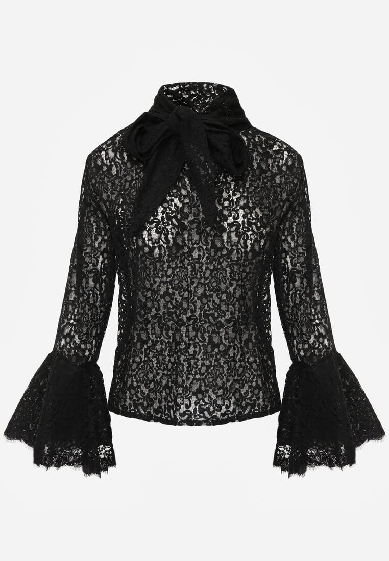 Czarna Koronkowa Bluzka Wiskozowa z Bawełną Ozdobiona Wiązaniem Diomopis