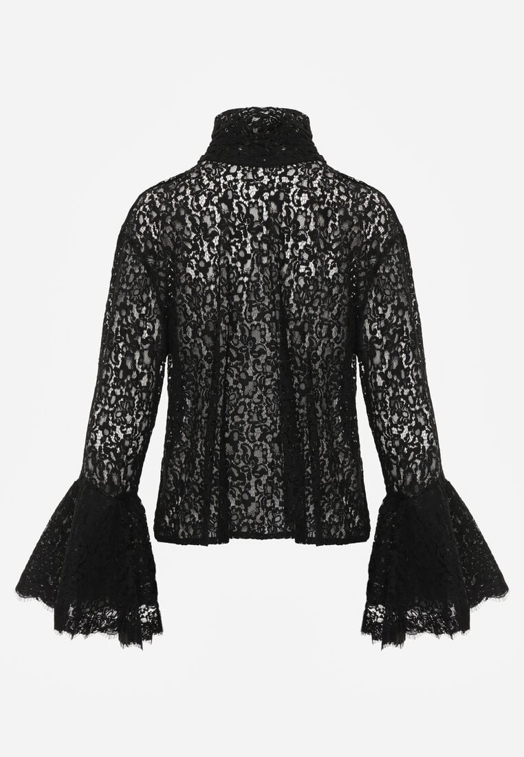 Czarna Koronkowa Bluzka Wiskozowa z Bawełną Ozdobiona Wiązaniem Diomopis
