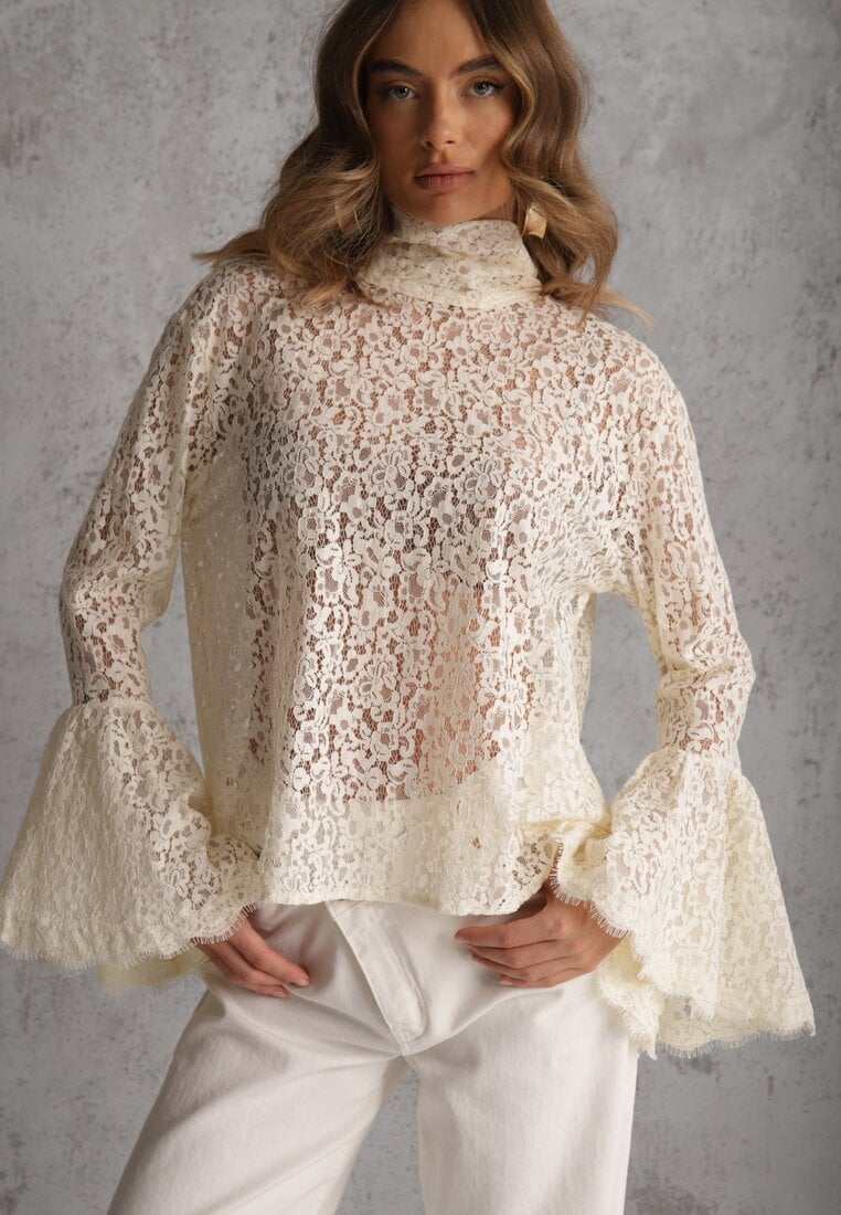 Beżowa Koronkowa Bluzka Wiskozowa z Bawełną Ozdobiona Wiązaniem Diomopis