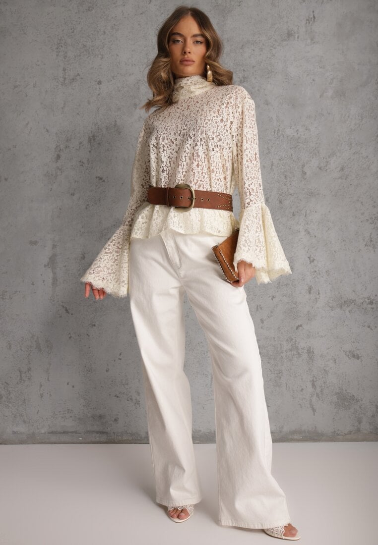 Beżowa Koronkowa Bluzka Wiskozowa z Bawełną Ozdobiona Wiązaniem Diomopis