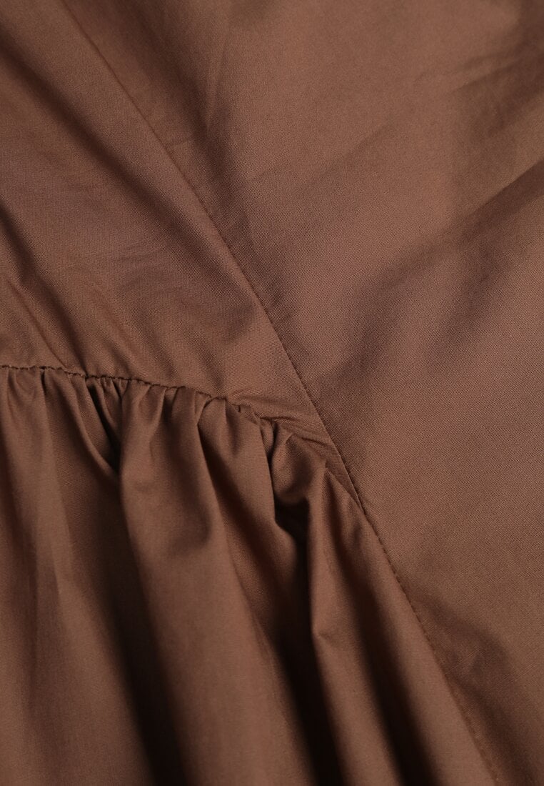 Brązowa Rozkloszowana Sukienka Koktajlowa z Bawełny z Dekoltem Łódką i Kieszeniami Fanilra
